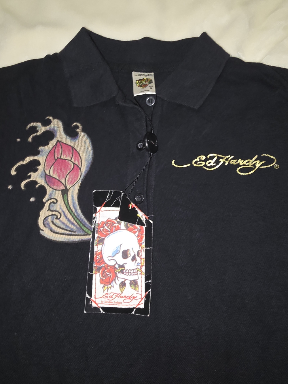 Ed Hardy Women’s Black Long-Sleeve Polo Top with Pink Floral Accent - Picture 3 of 7